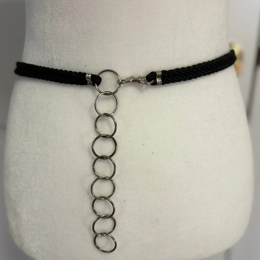 Vintage 80s‎ Black Cord Belt Silver Coil Spring Chain Disc Flower Made Korea